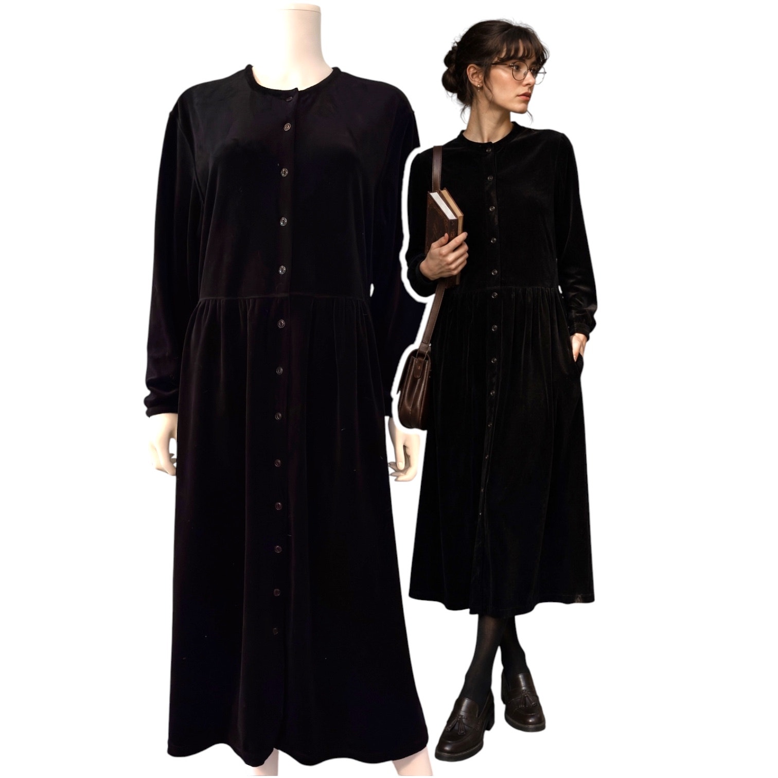 Vintage Eddie Bauer Black Velour Button Front Midi Dress Size Large Cottagecore